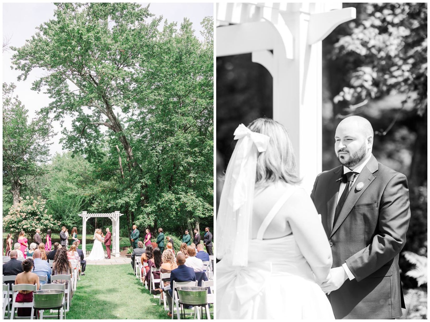 Bride and groom exchange vows at an elegant outdoor garden wedding ceremony with white pergola altar.