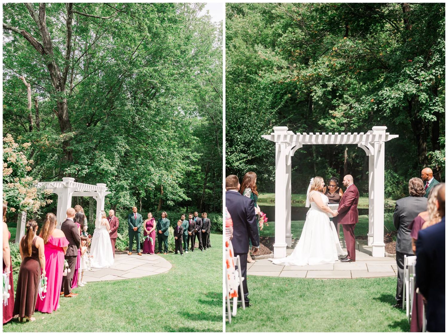 Outdoor wedding ceremony under white arbor surrounded by lush green trees with guests seated on both sides.