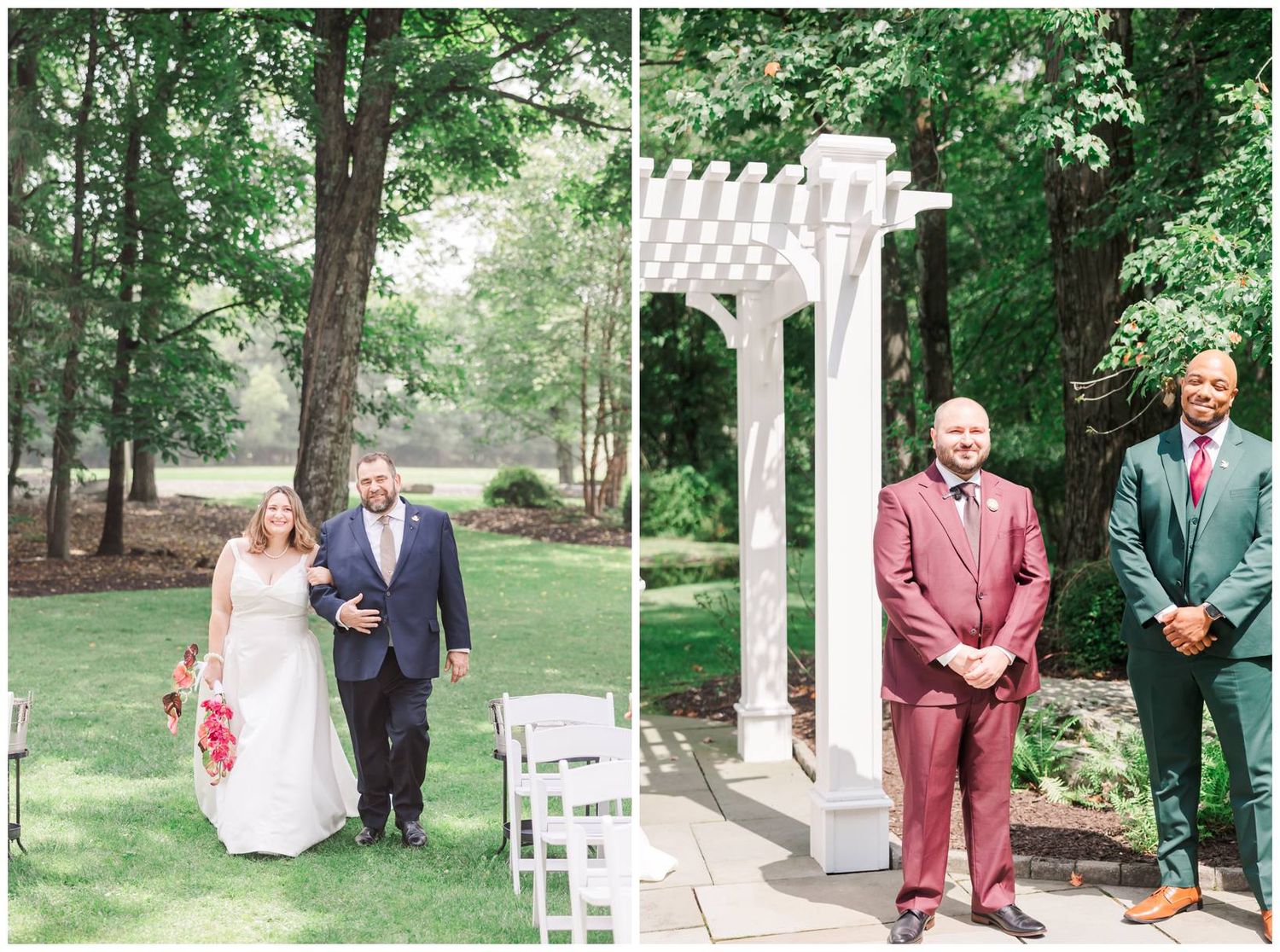 Groom in burgundy suit awaits bride at white garden pergola altar during outdoor wedding ceremony.