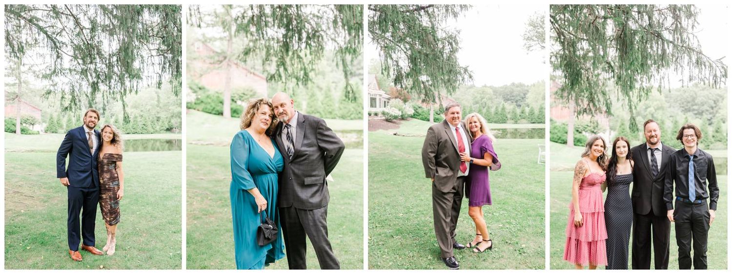 Couples pose together on a lush green lawn during an outdoor wedding celebration.