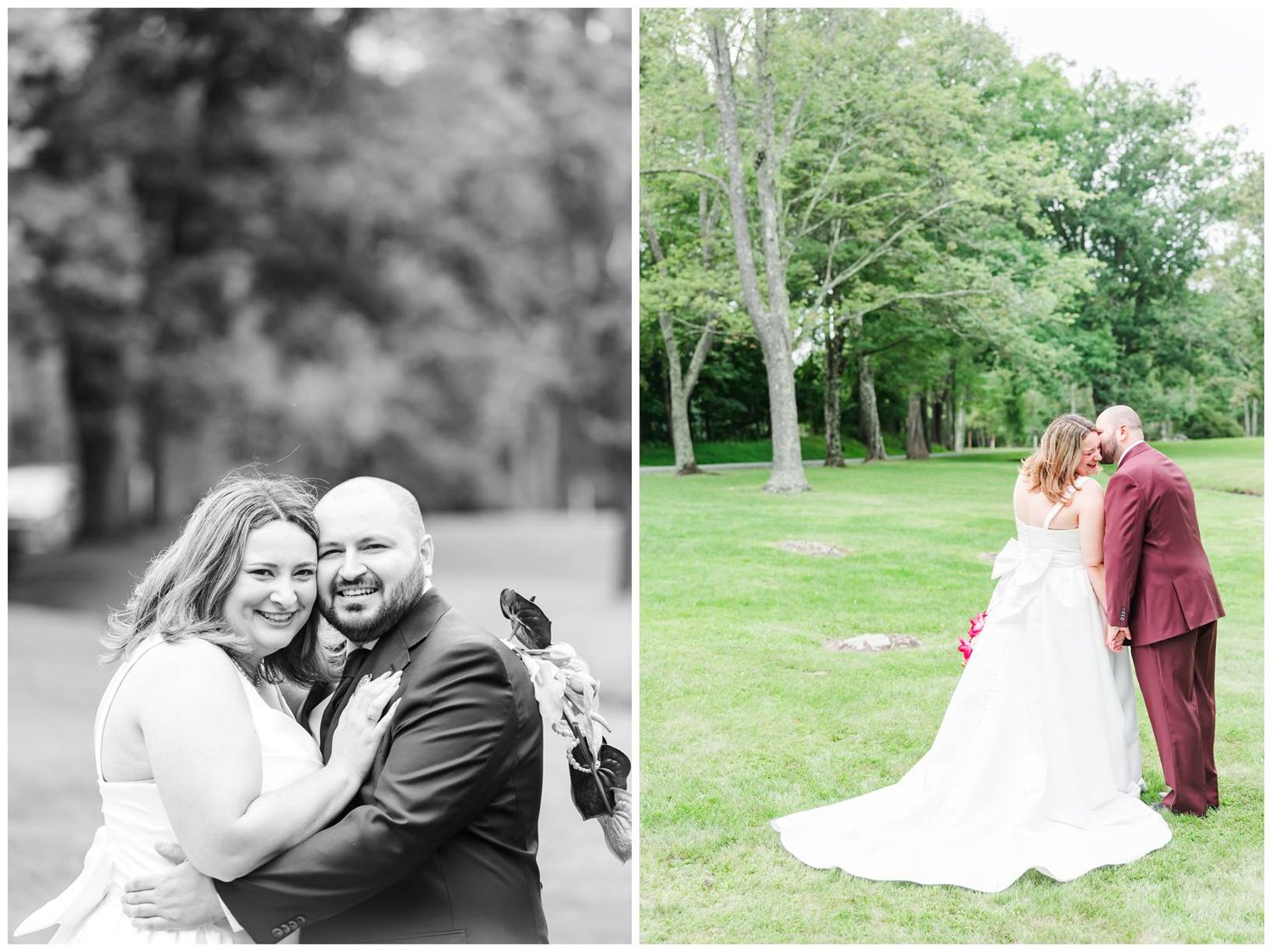 Bride and groom share a romantic embrace outdoors, captured in black and white and color at a lush green park wedding.