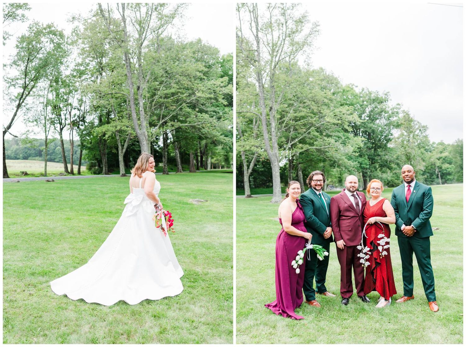 Bride twirls in white gown outdoors as wedding party poses with groomsmen in green suits nearby.