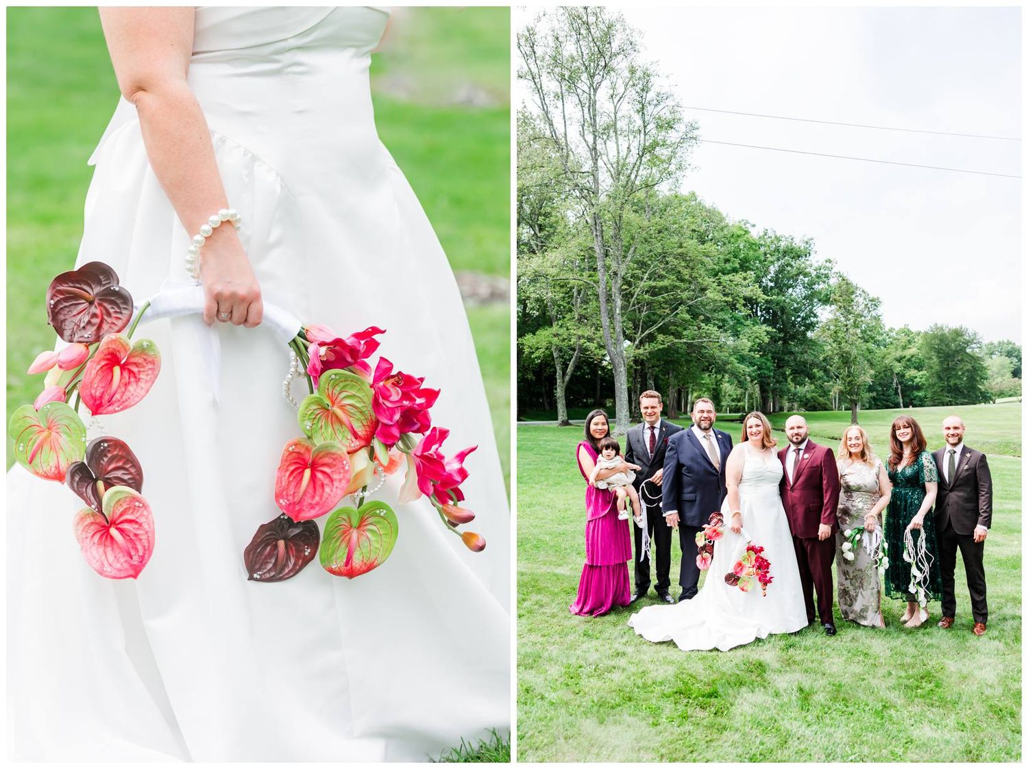 Split image showing bride holding tropical red bouquet and wedding party group portrait on green lawn.