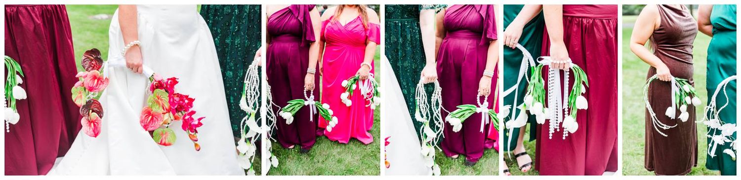 A collage of wedding party florals featuring a bride in white and bridesmaids in burgundy and pink gowns holding bouquets.
