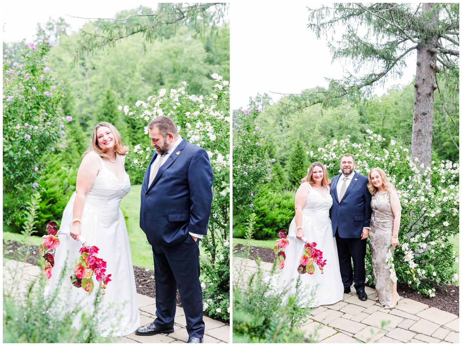 Bride and groom share a tender moment in a lush garden, with the bride in white and groom in navy blue suit.