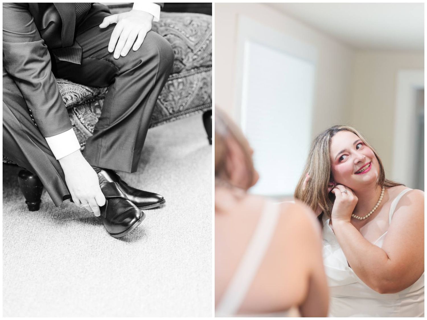 Groom putting on dress shoes before wedding ceremony, bride smiling at reflection in mirror wearing white gown.