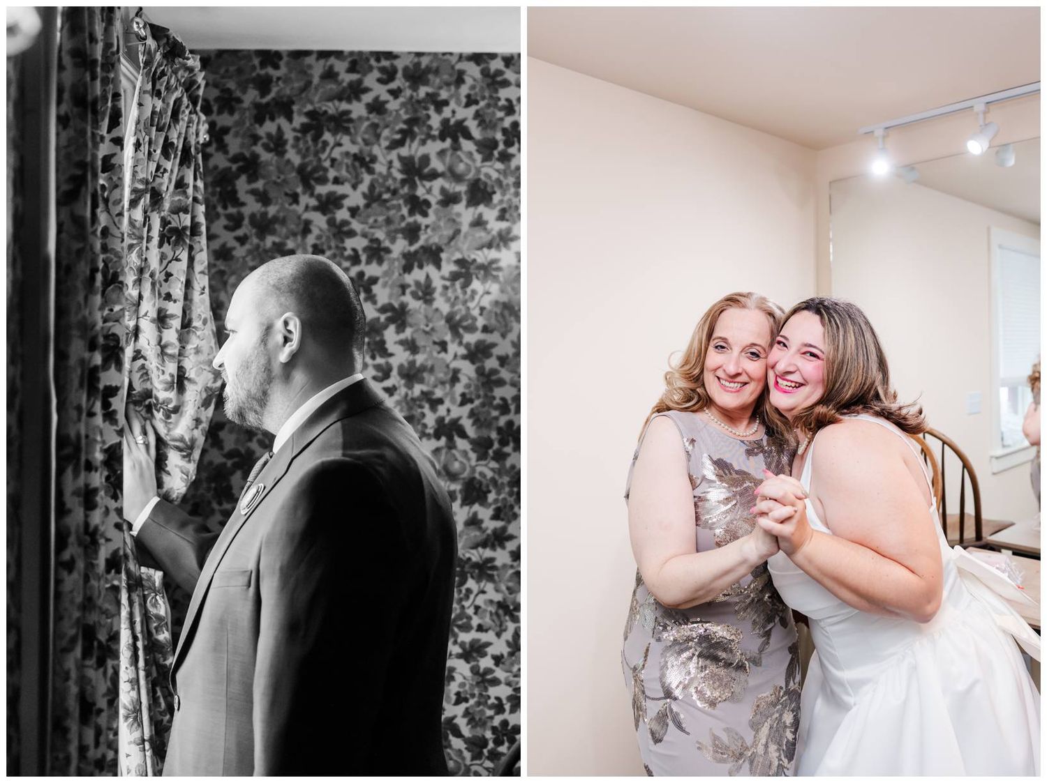 Groom stands emotional before ceremony while bride shares joyful moment with loved one in wedding preparation photos.