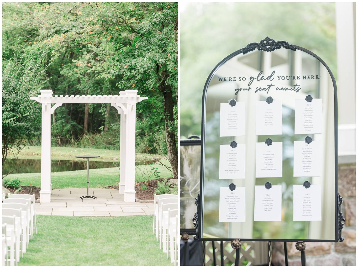 White pergola ceremony arch on lush green lawn with white chairs, beside an elegant arched seating chart display.