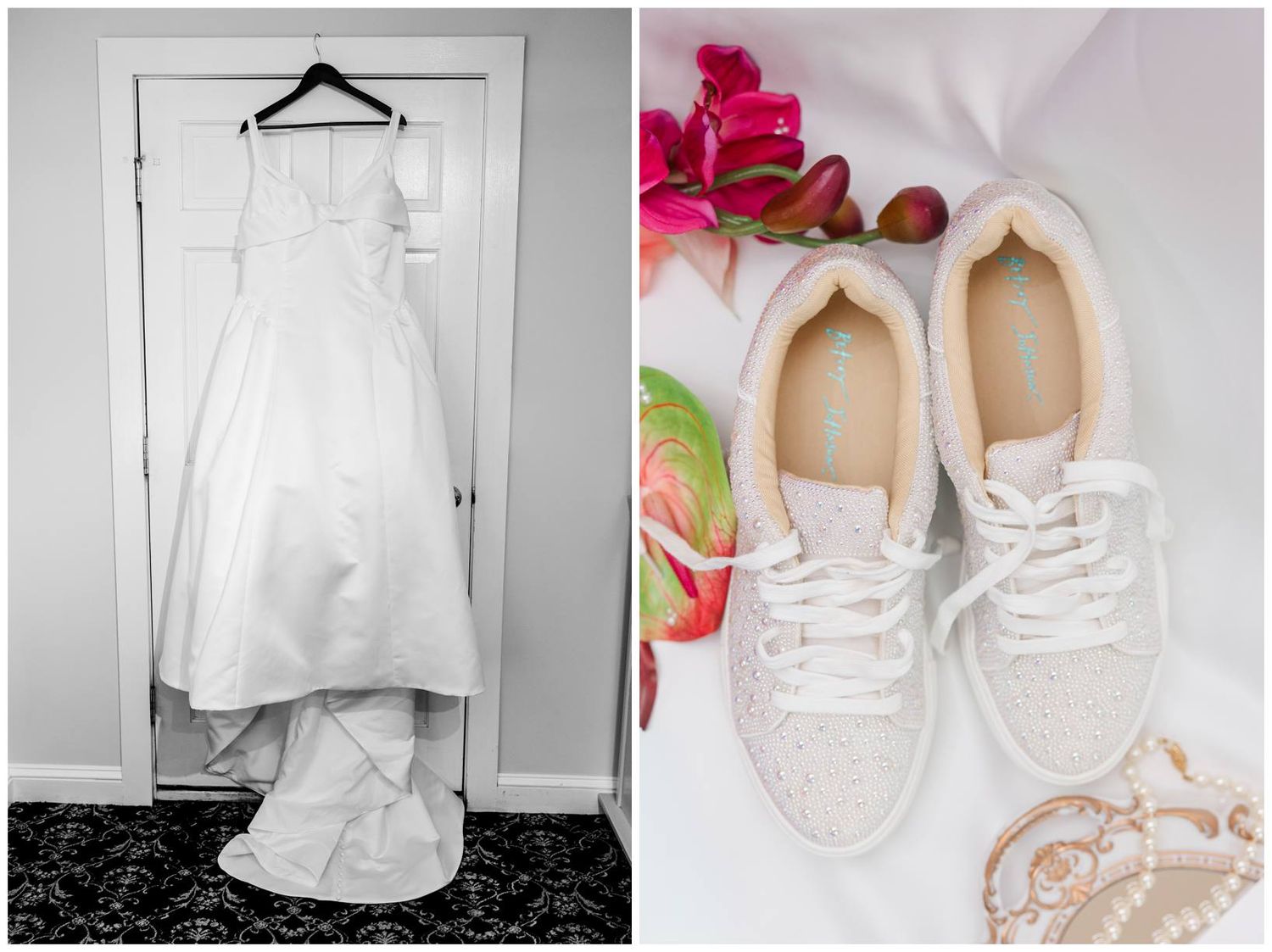 White wedding dress hanging on door beside sparkly white sneakers and pink flowers for a bridal getting ready flat lay.