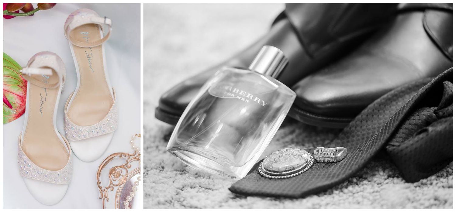 Elegant bridal heels and groom accessories including cologne, cufflinks, and dress shoes arranged for a wedding day flat lay.