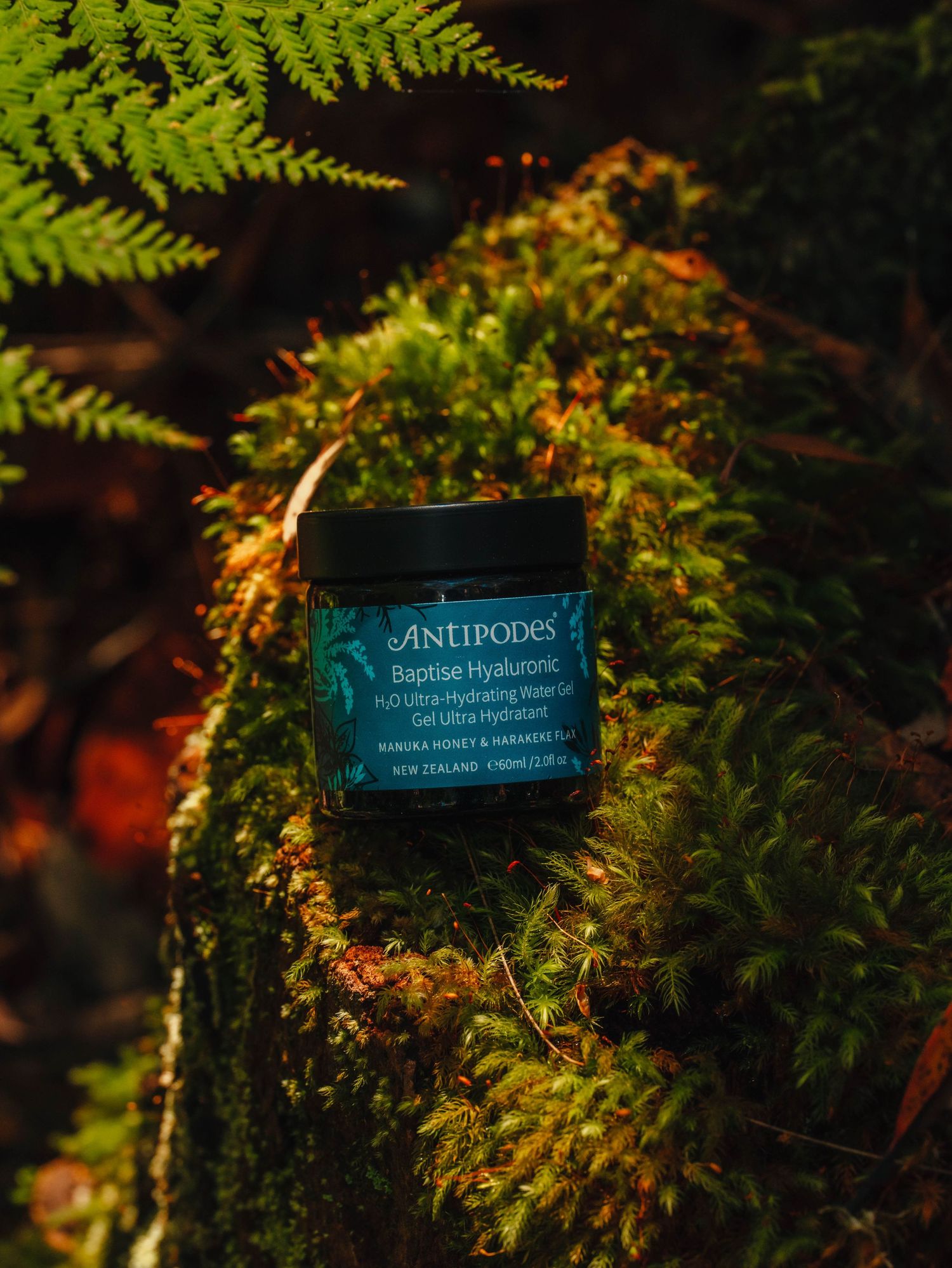 Antipodes Baptise Hyaluronic H2O Ultra-Hydrating Water Gel jar resting on moss-covered rock in lush forest setting.