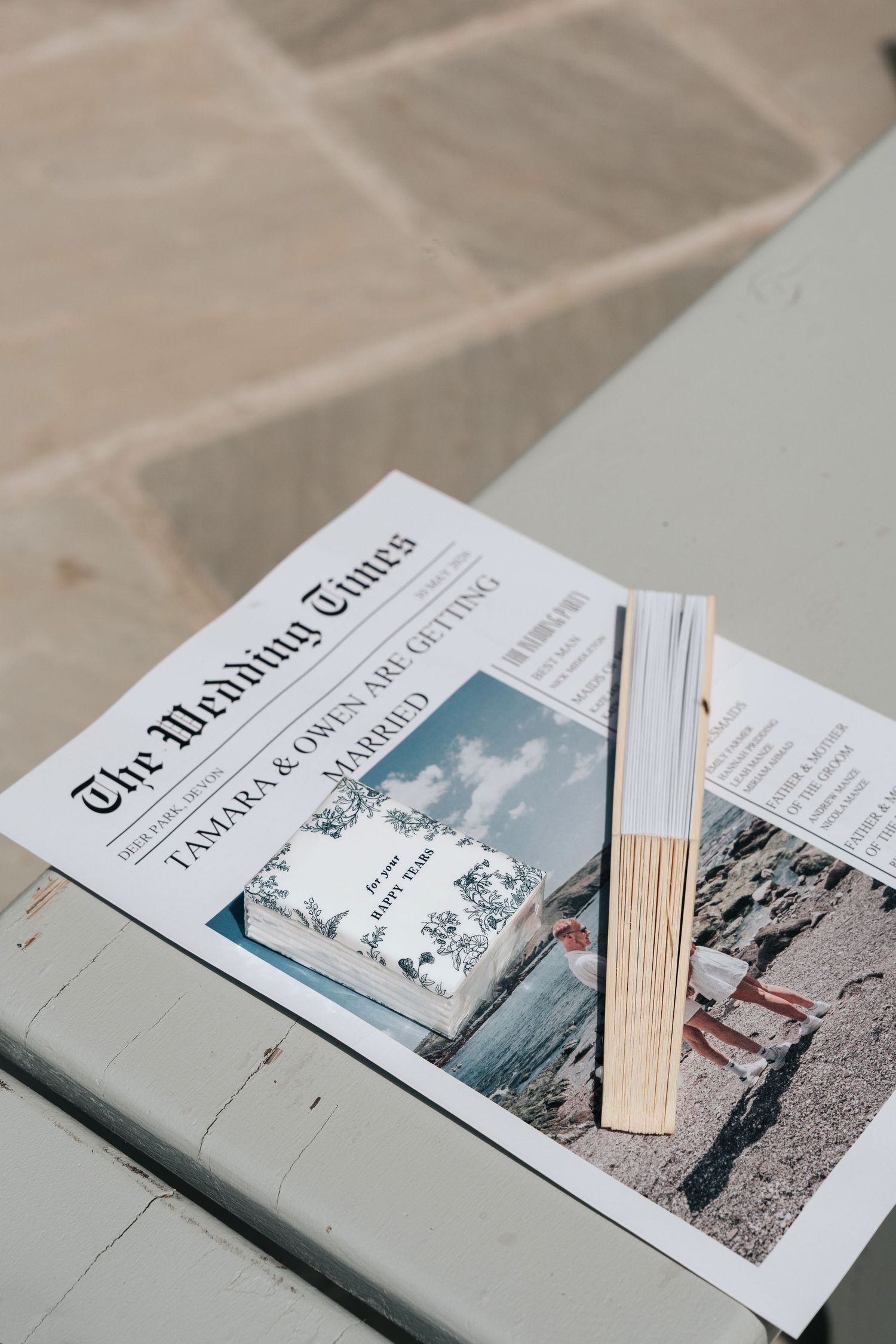 Wedding newspaper and fan for summer wedding at Deer Park in Devon