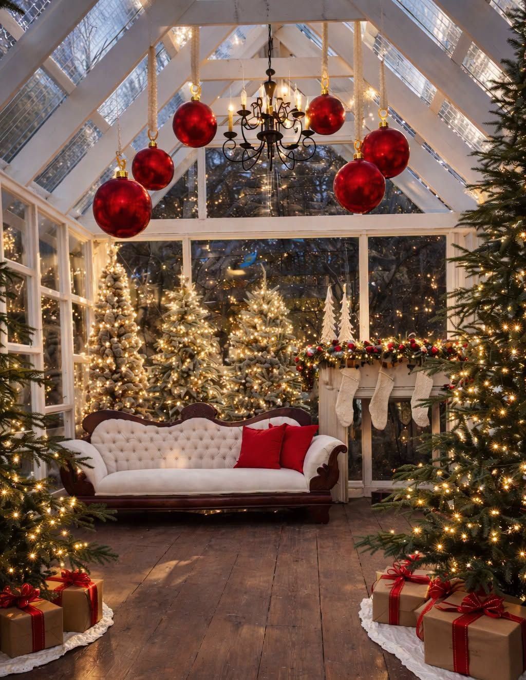 Cozy glass sunroom decorated for Christmas with red ornaments, a chandelier, lit trees, stockings, gift boxes and a vintage white sofa.
