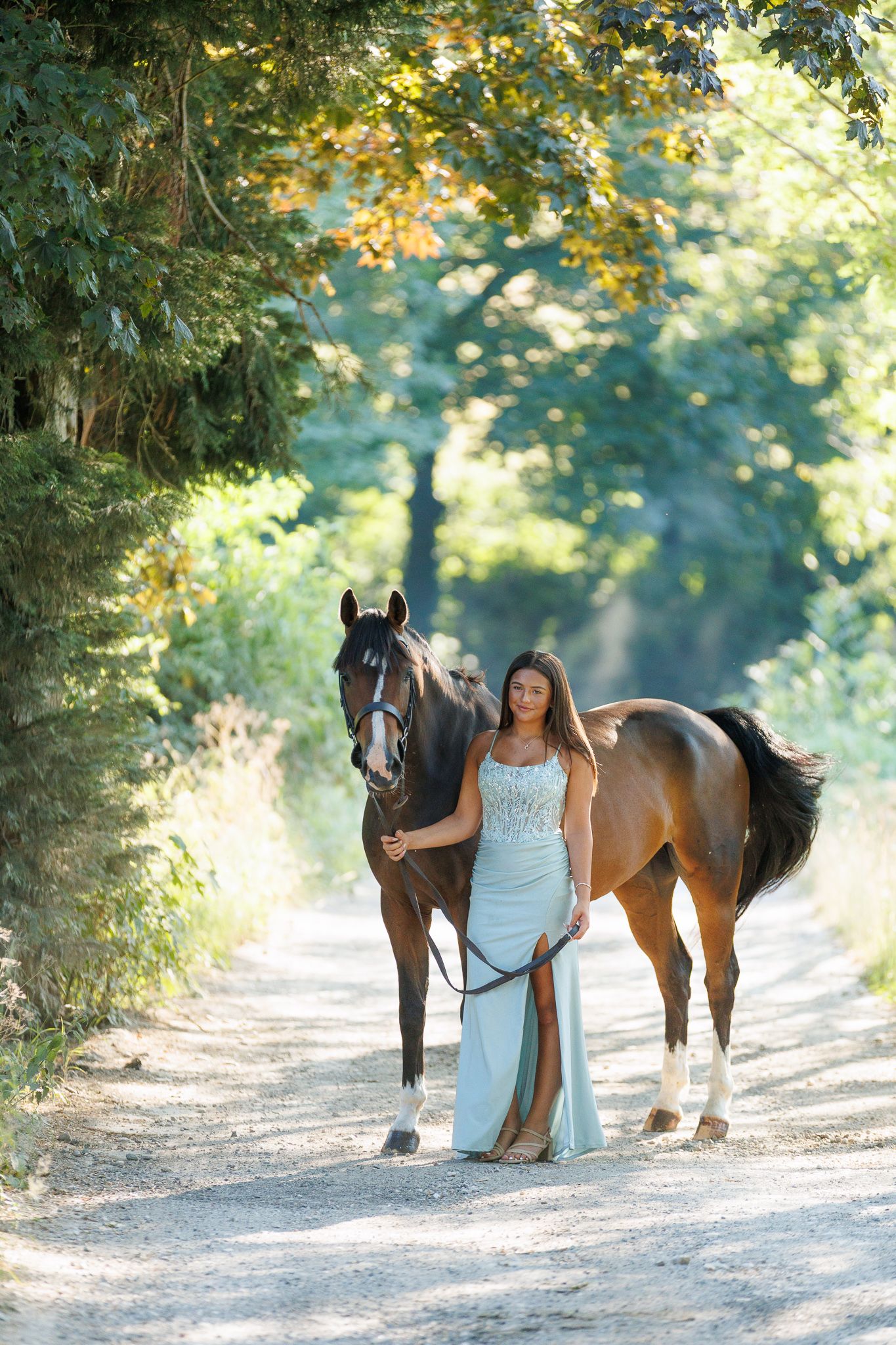 A woman in a light blue gown walks with a brown horse on a sunlit forest path.