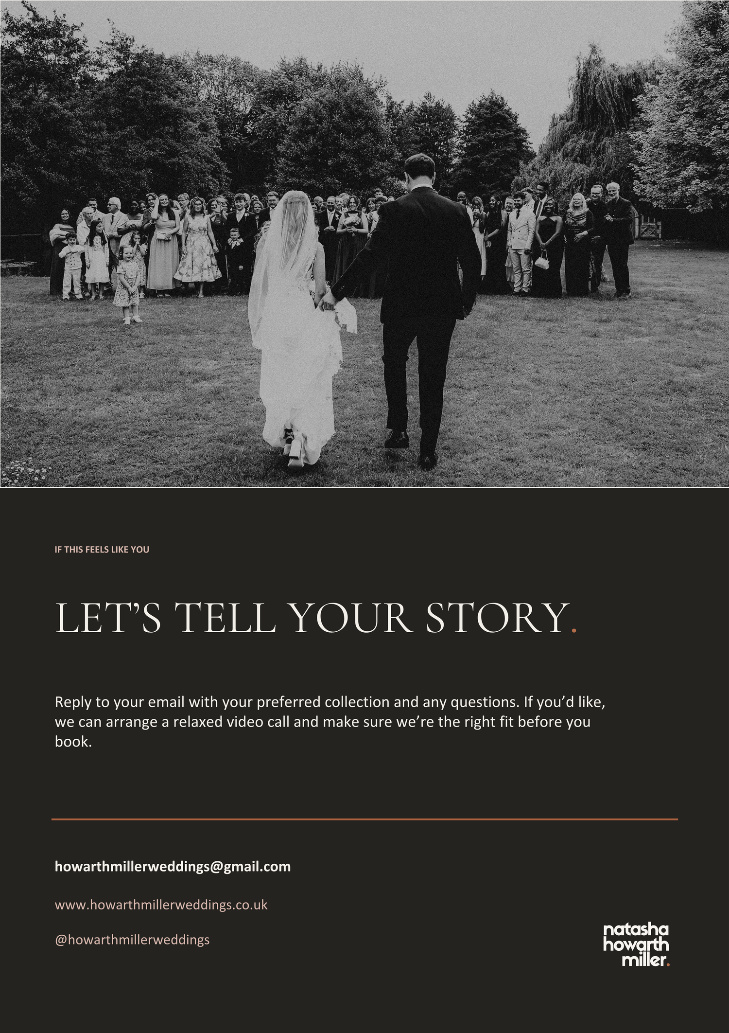 Black and white wedding photo of bride and groom walking away, with guests gathered outdoors, above a photography services advertisement.