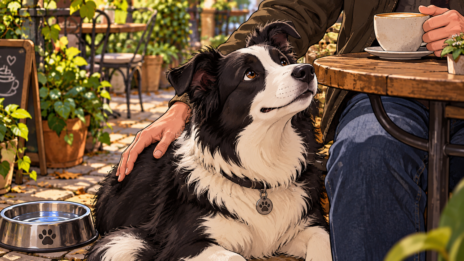 Whiskers & Co song You Meant Me – border collie being gently patted beside its owner at an outdoor café