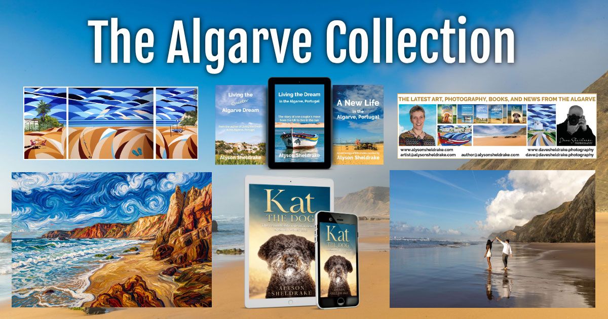 The Algarve Collection featuring coastal paintings, Kat the Dog book cover, digital art, and scenic Portuguese cliffs photography.