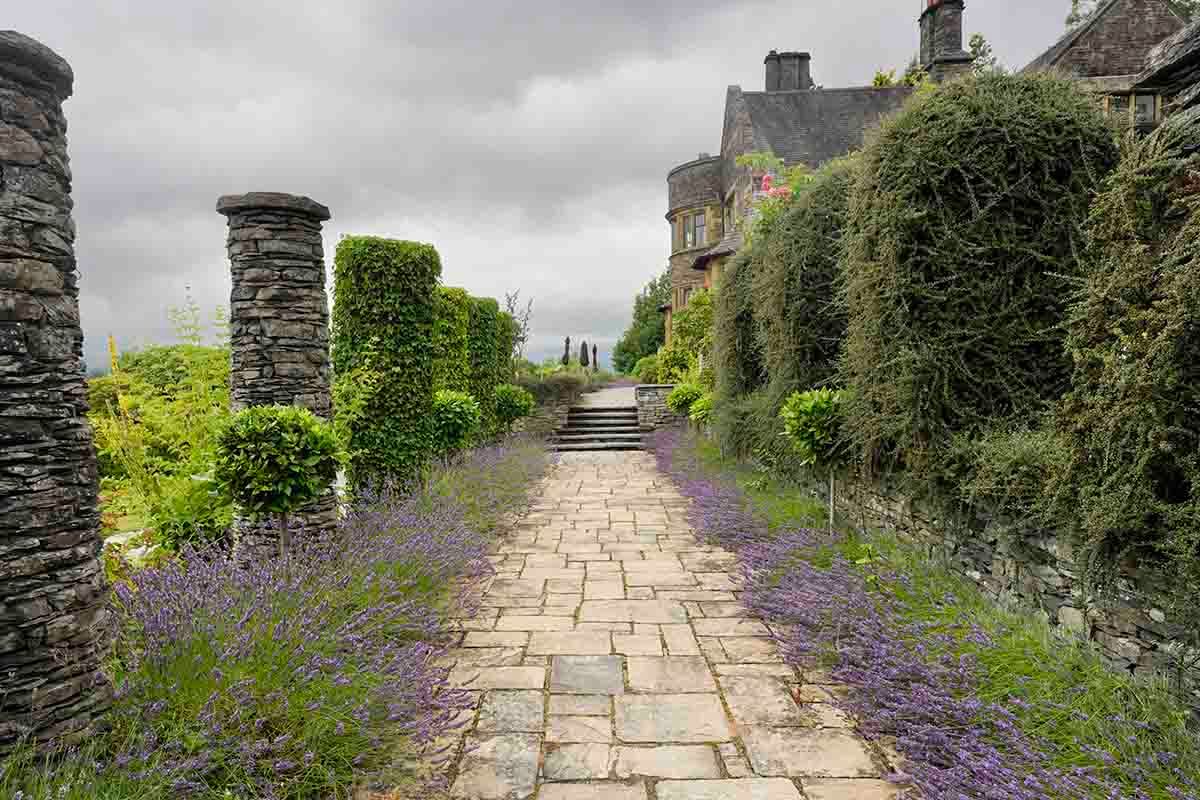 Stone pathway lined with purple lavender leads to a historic manor house surrounded by lush green hedges and ivy.