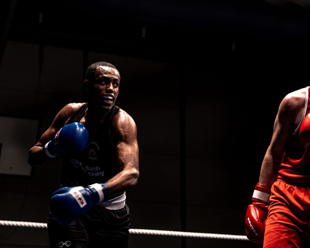 Two boxers in blue and red gloves face off in a professional boxing ring under bright lights.