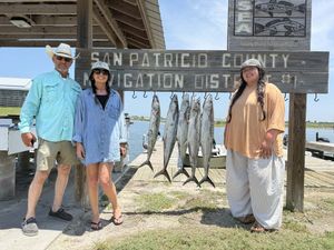 Three anglers display their catch of king mackerel at San Patricio County Navigation District dock on a sunny day.
