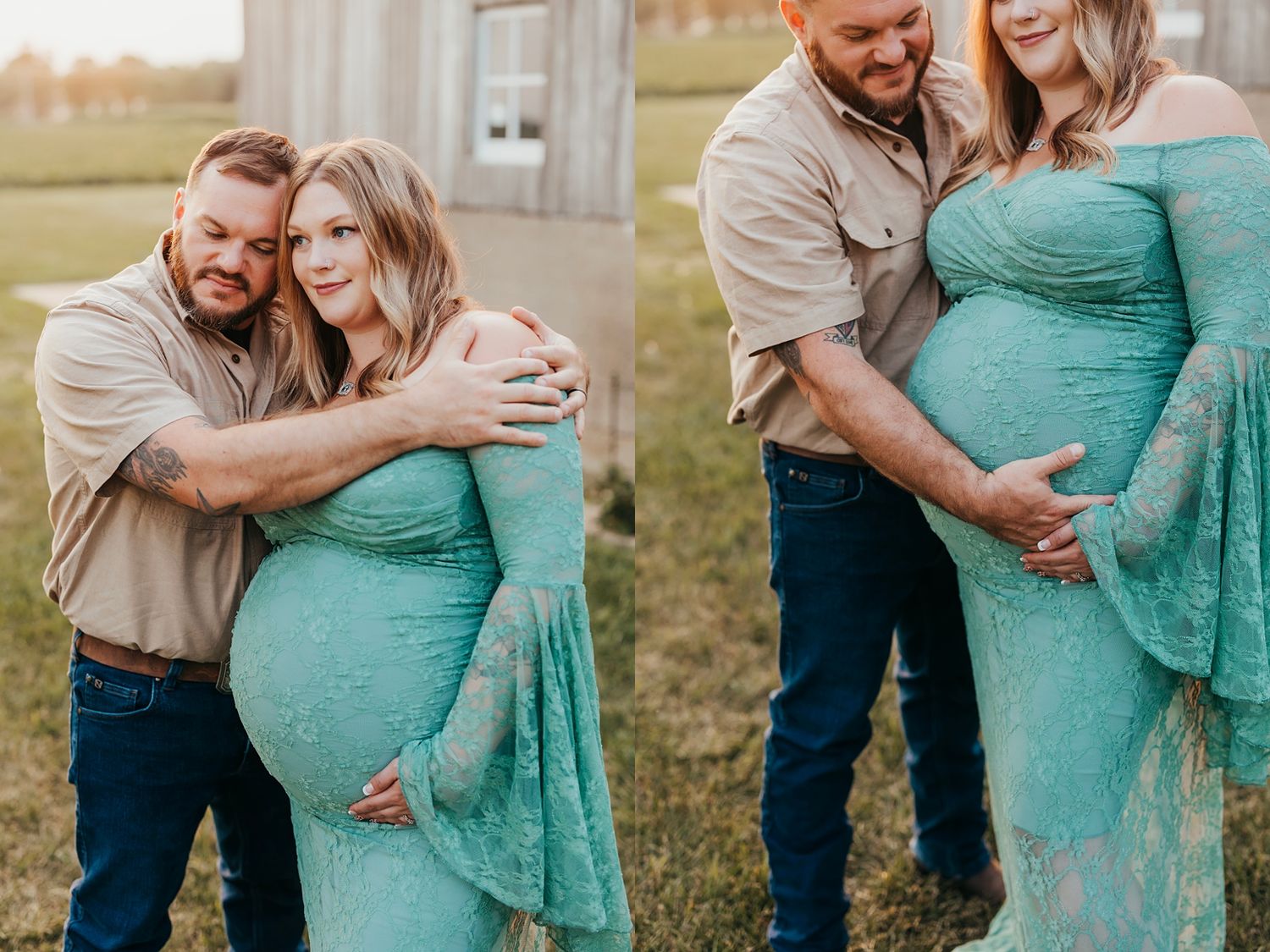 Couple poses for maternity photos outdoors, woman in teal lace gown with partner in tan shirt embracing her baby bump.