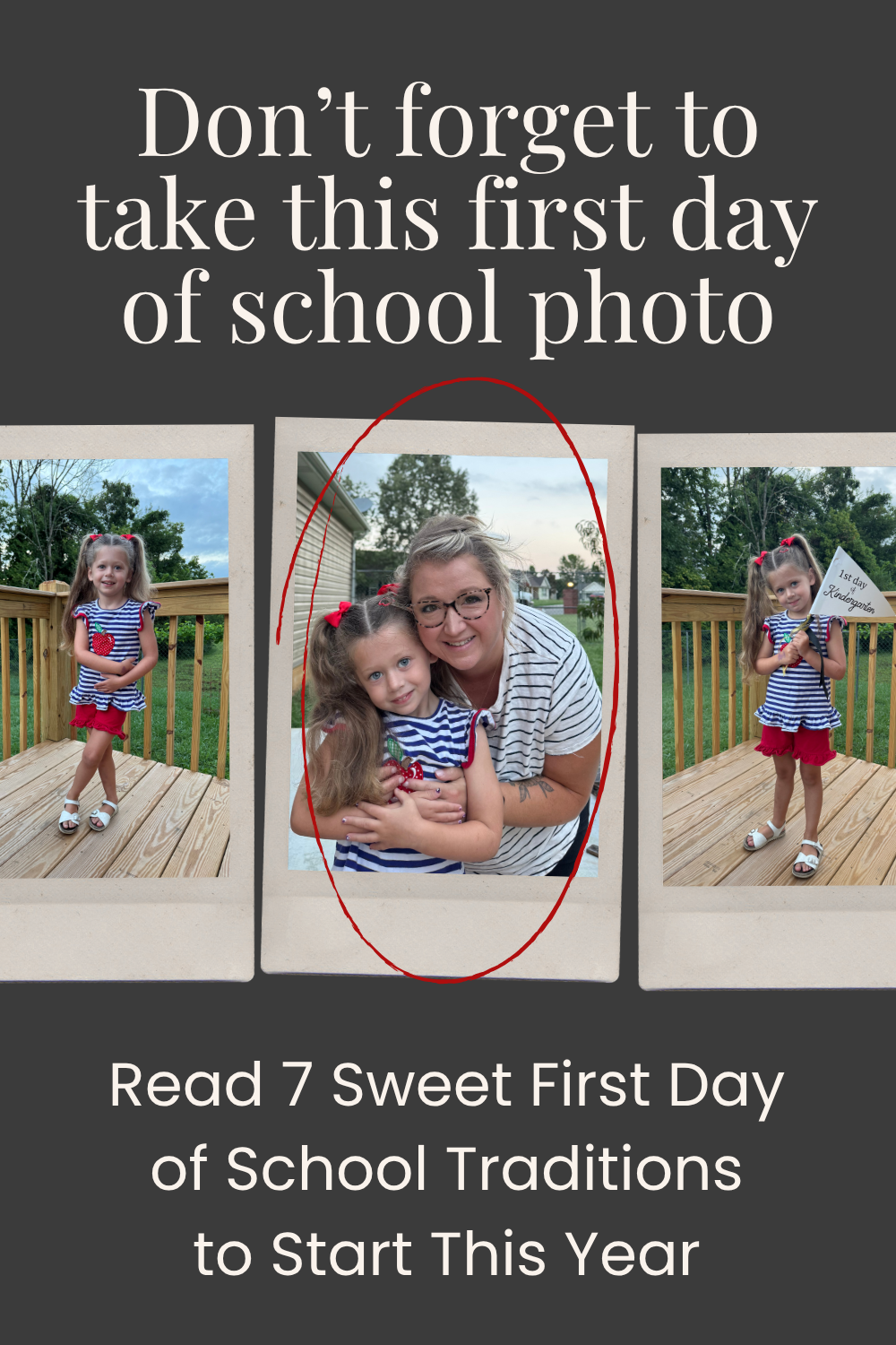 Collage of first day of school photos showing a young girl in red and white outfit with a mom-daughter hug on a wooden deck.