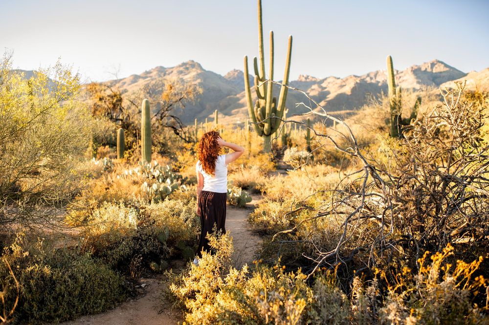 Woman with red hair stands on a desert trail surrounded by saguaro cacti and mountains in golden sunlight.