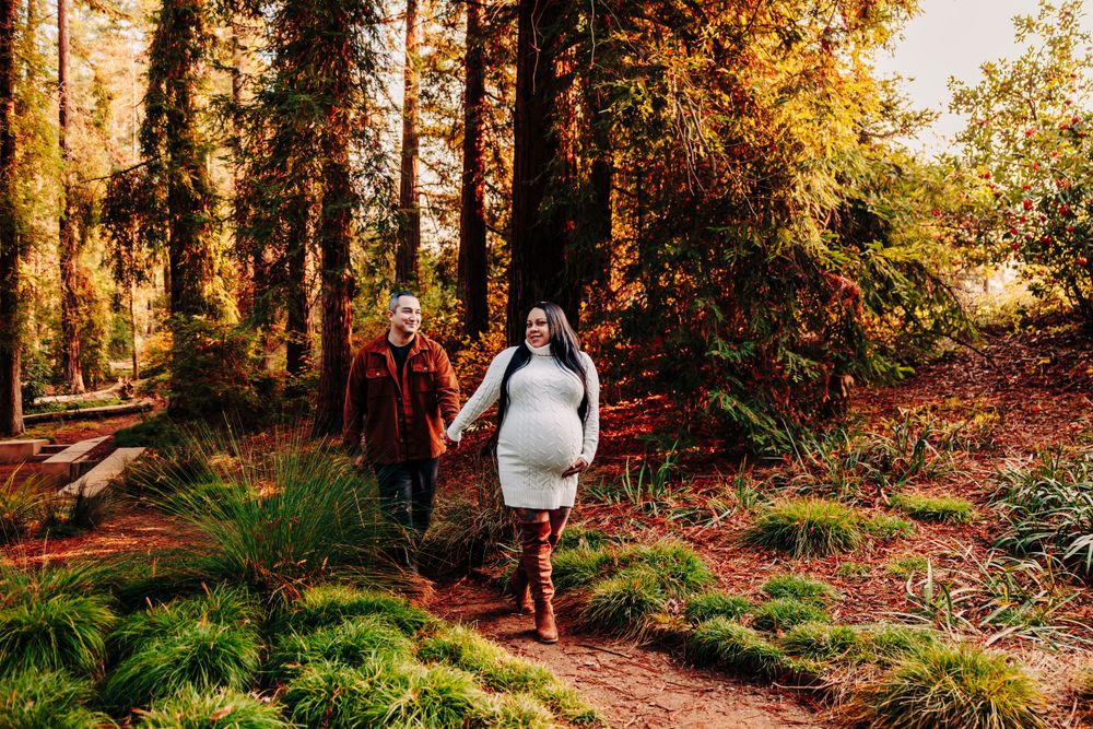 Couple walking together on a forest path during golden hour.