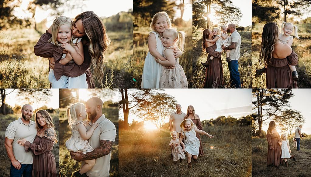 Golden hour family photo collage featuring parents and young children playing outdoors in a sunlit meadow with trees.
