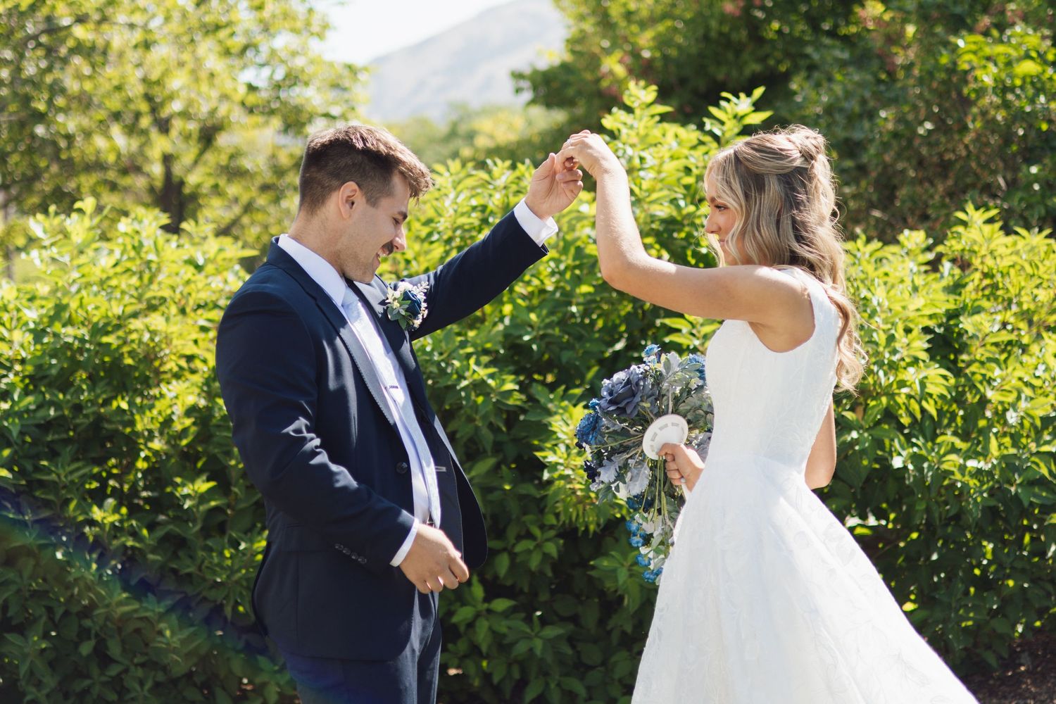 First look for bride and groom in front of the Brigham City Utah LDS temple