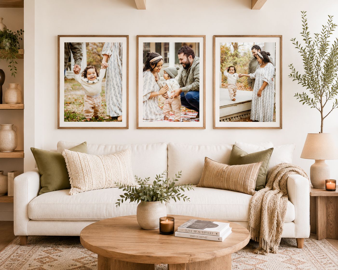 Gallery wall of custom framed family photographs displayed above a living room sofa.