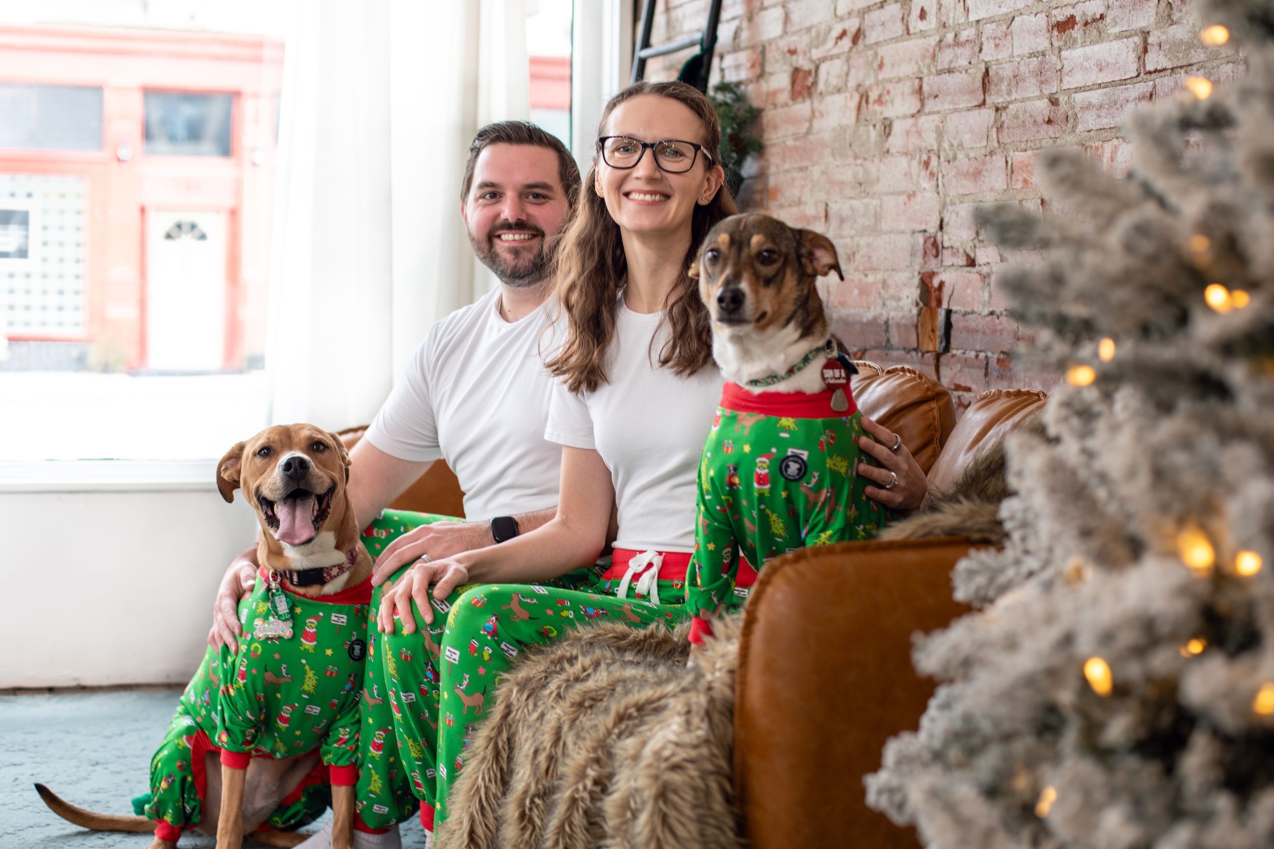 Pregnancy announcement with couple in matching Christmas pajamas and dog at a Cincinnati 2026 dog-friendly studio mini session.