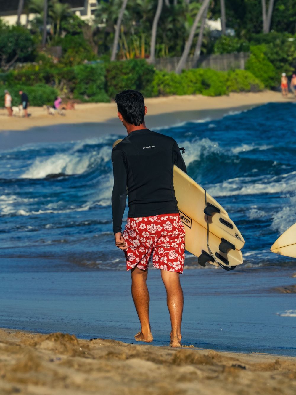 A surfer in a black rash guard and red floral boardshorts walks toward the water at Waikiki with a pale surfboard, waves breaking ahead.