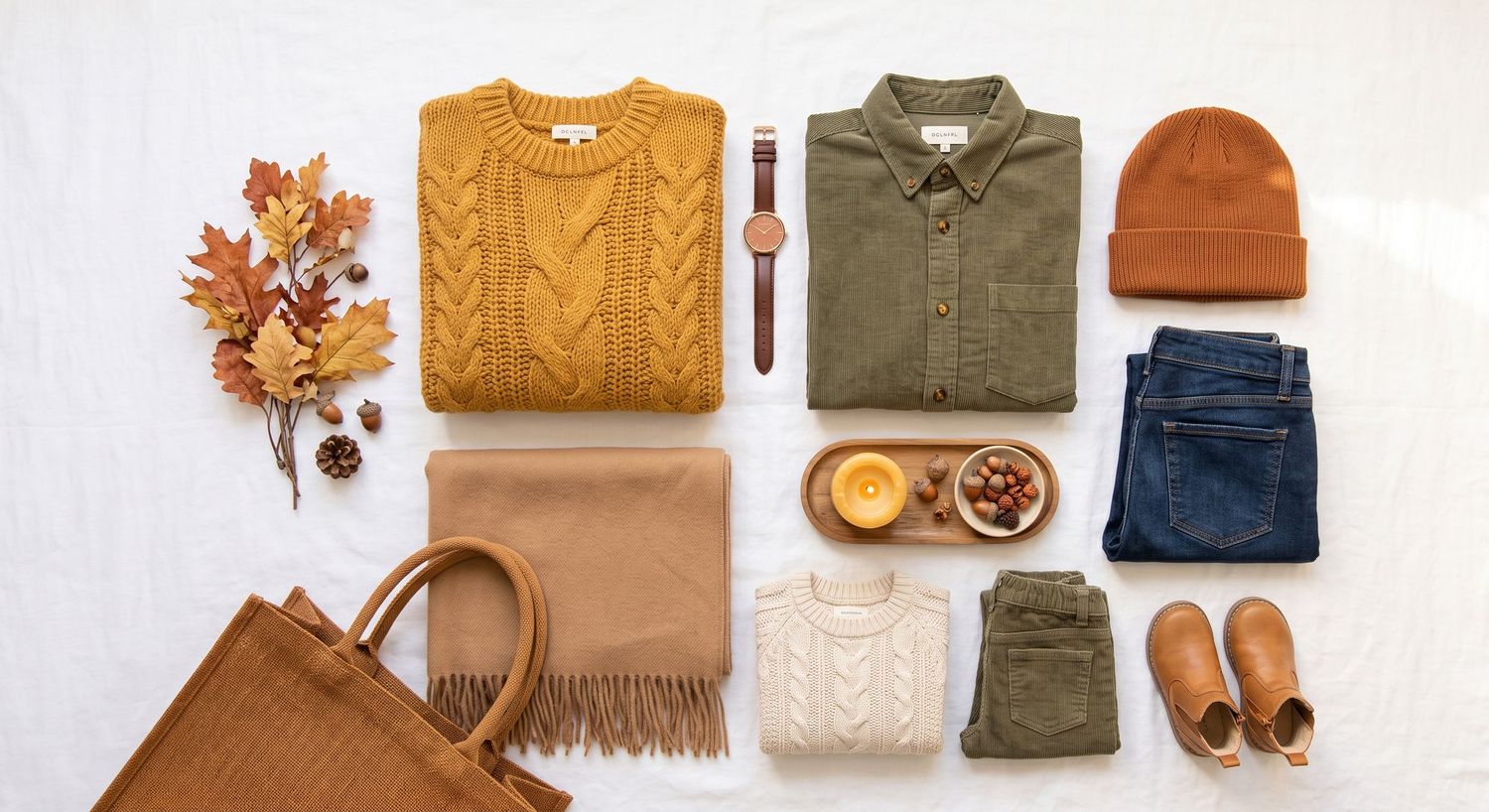 Autumn flat lay of folded sweaters, jeans, scarf, beanie, leather bag, and watch in warm earth tones.