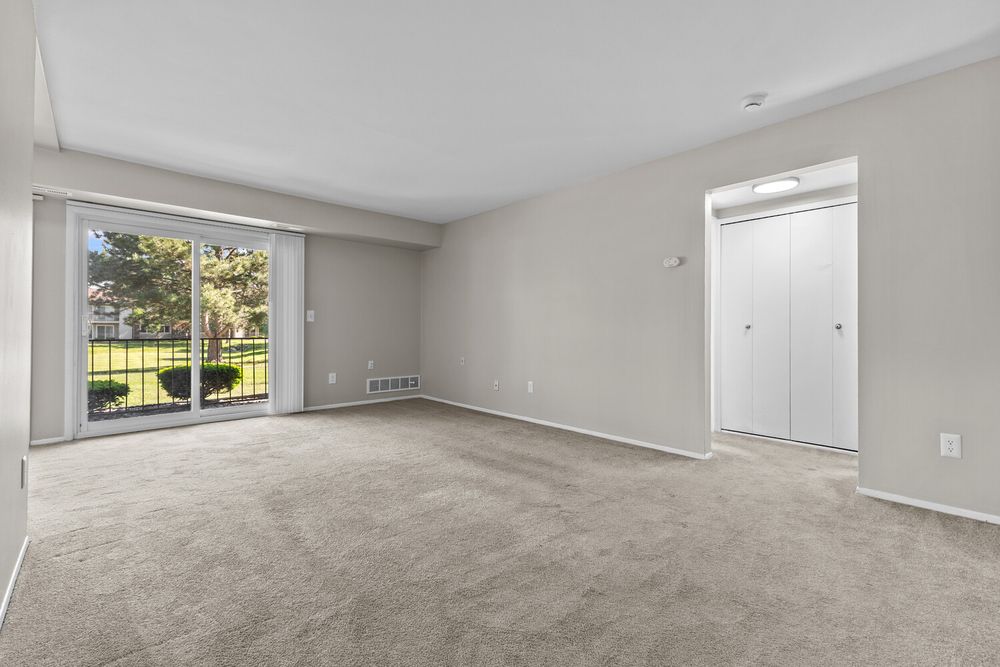 Spacious living room with light carpet, sliding glass door to balcony, and a closet with white bifold doors.