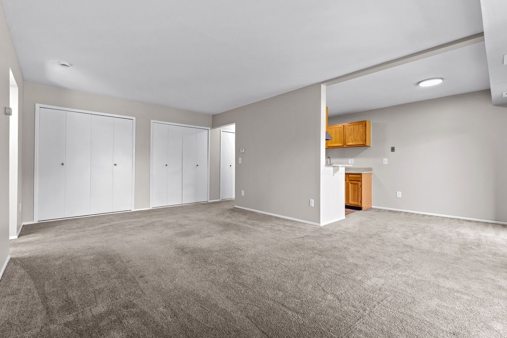 Spacious carpeted living room with two white closets and a glimpse of a kitchen with wooden cabinets.