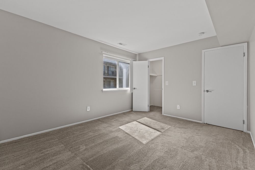 Spacious bedroom with gray carpet, neutral walls, two closets, and a window allowing natural light.