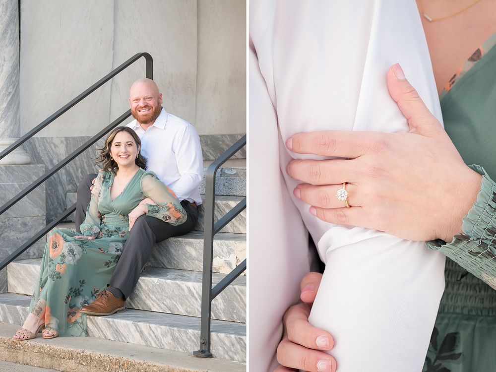 Couple sits on stone steps during engagement session, woman wearing green floral dress, close-up of diamond engagement ring on her hand.