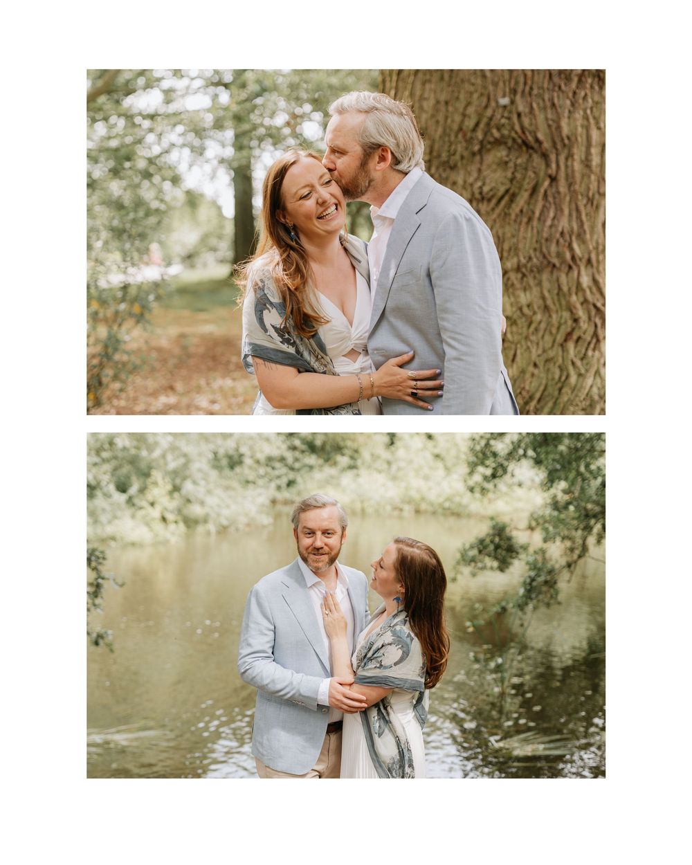 Loving couple sharing kiss and embracing near river surrounded by trees in scenic outdoor setting.