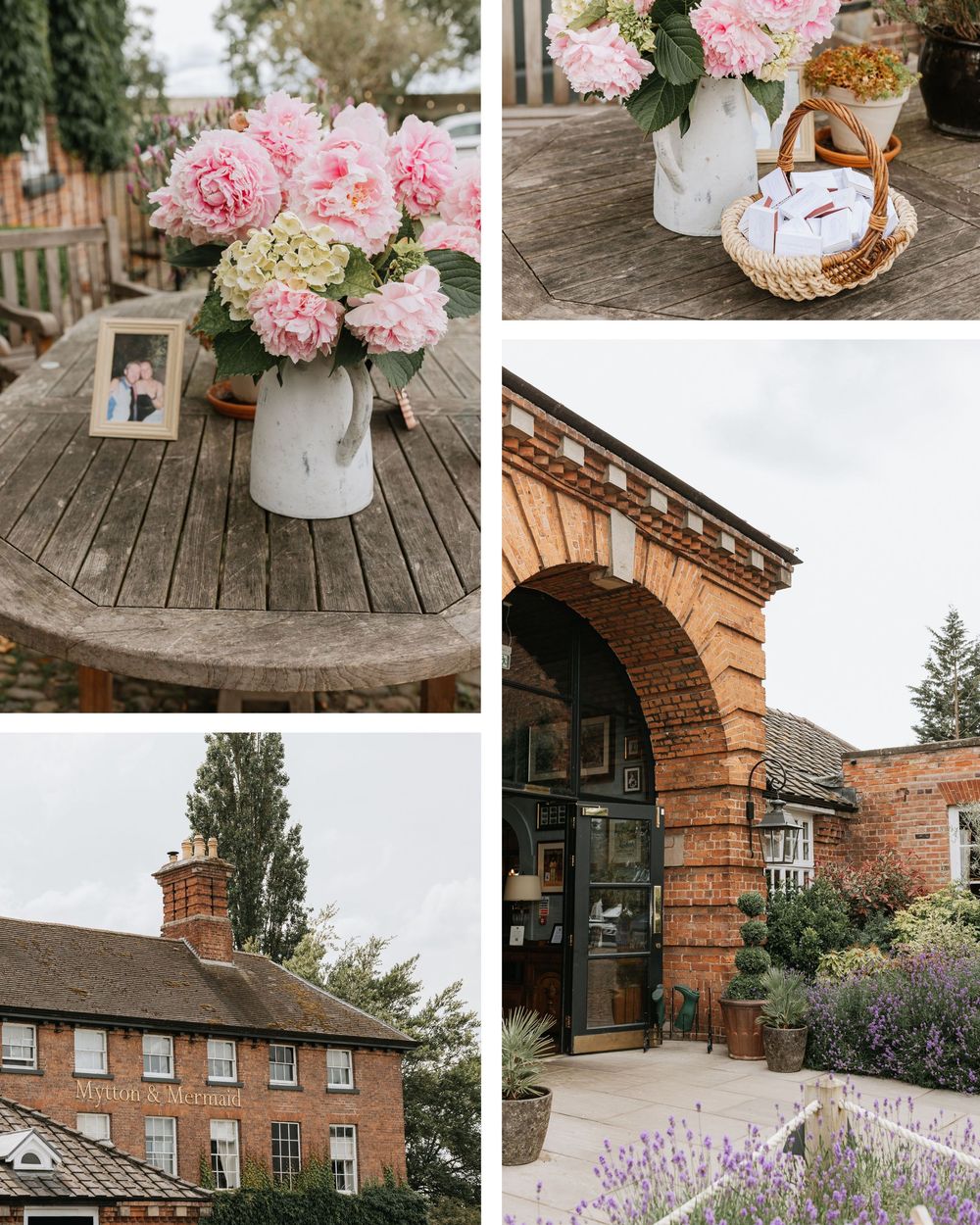 Collage of a charming English venue with pink peonies, brick archway, and historic manor house.