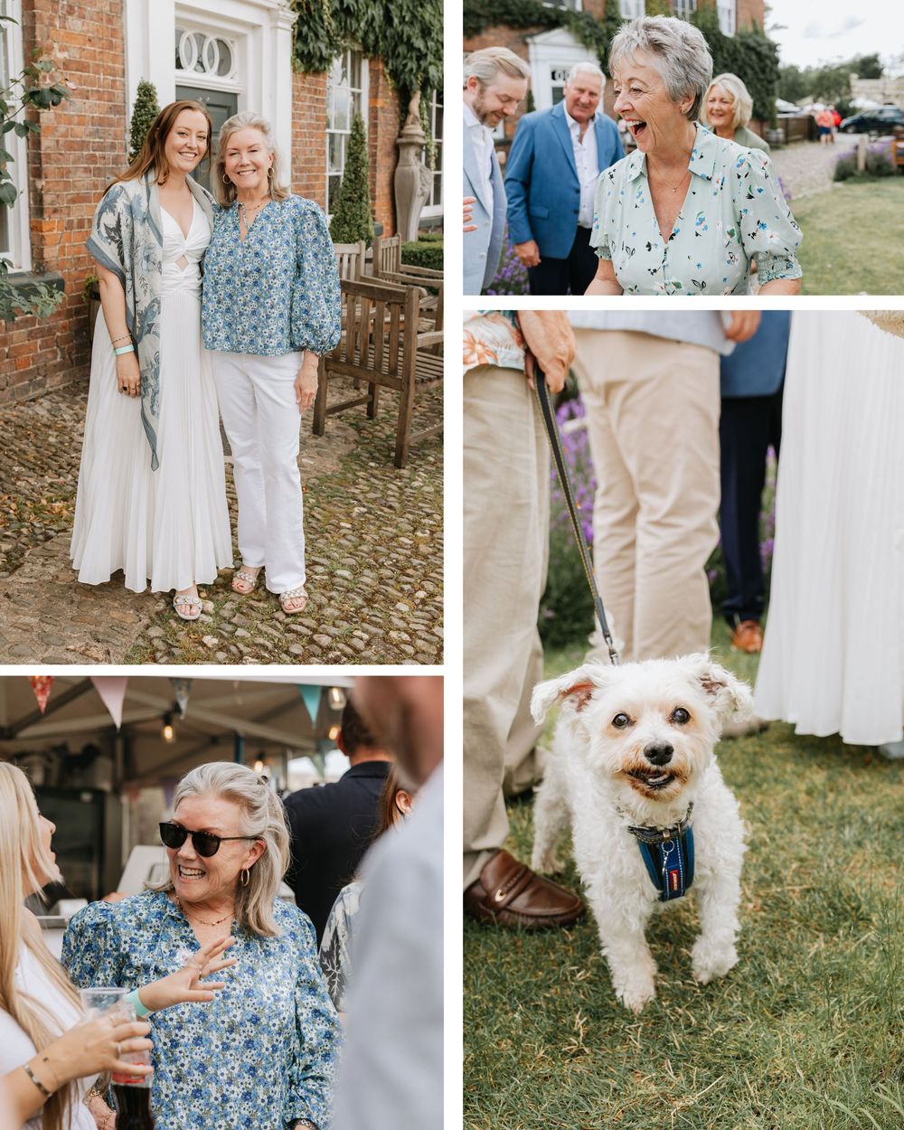 Guests smiling and laughing at an outdoor summer wedding, including a cute white dog wearing a bow tie.