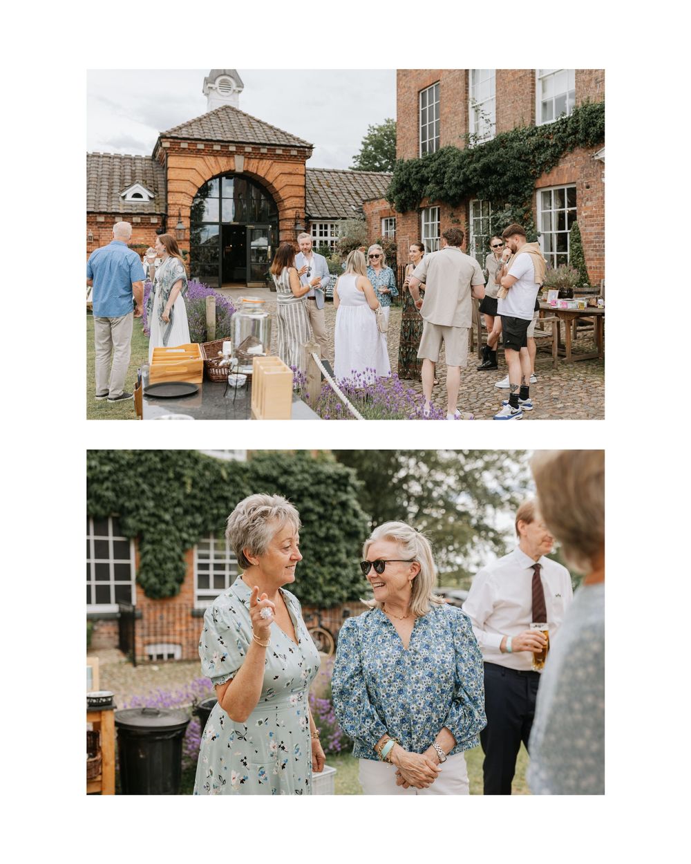Guests mingling outdoors at an elegant English country house wedding venue with brick architecture and lavender gardens.