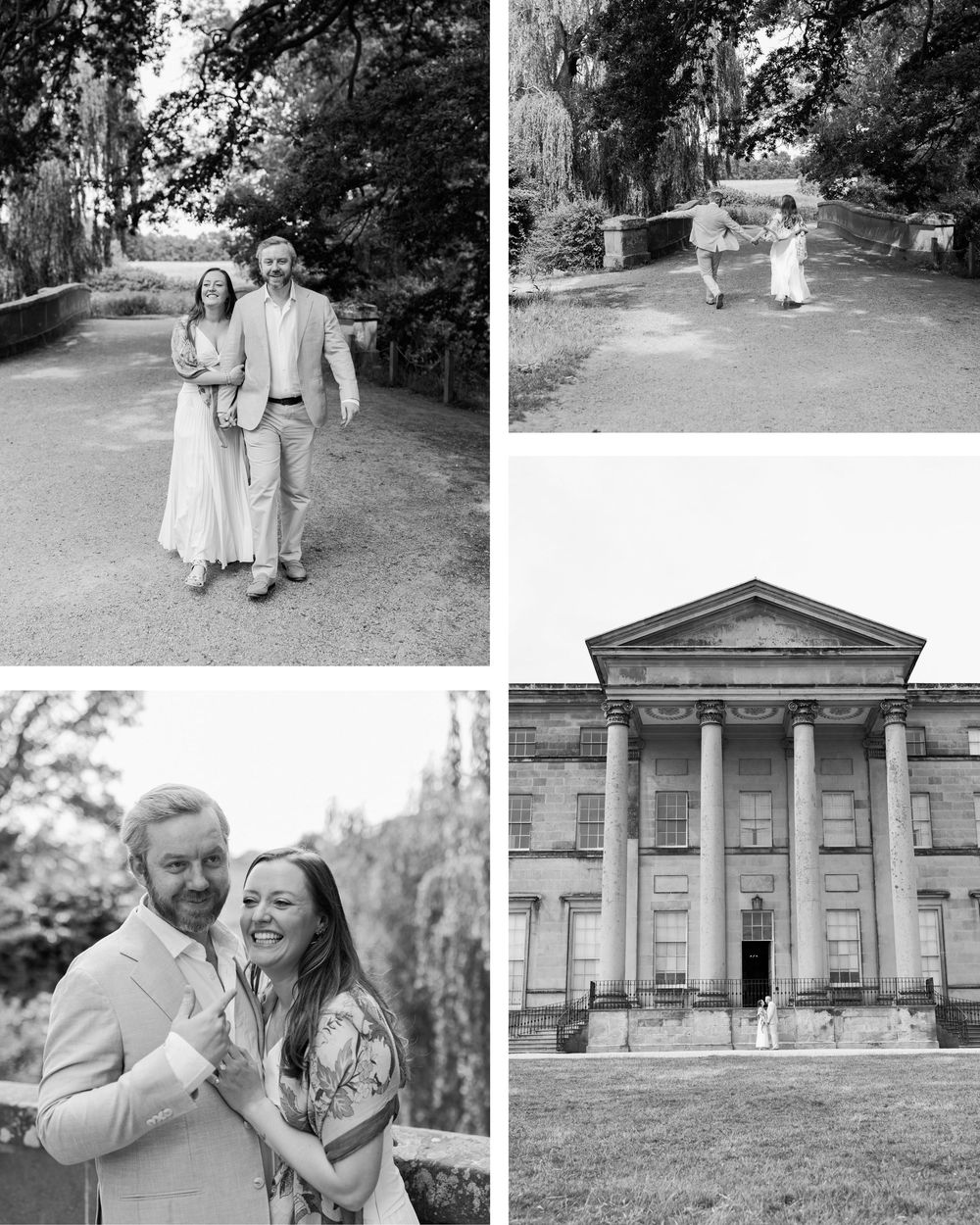 Black and white collage of an engagement session at a historic estate with classical architecture and gardens.