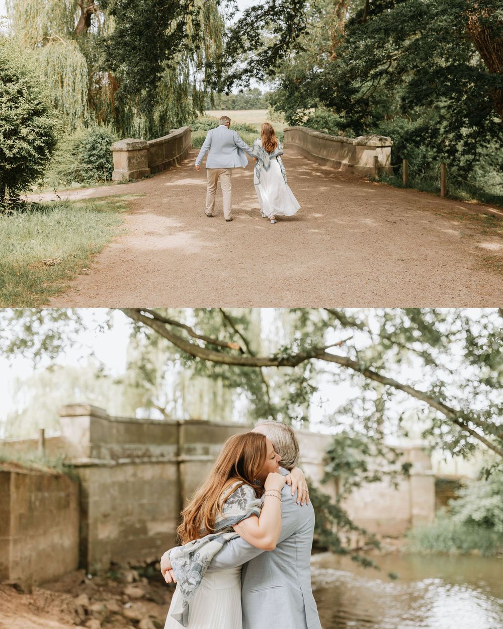 Couple walking hand-in-hand on bridge and embracing near river in lush green park setting.