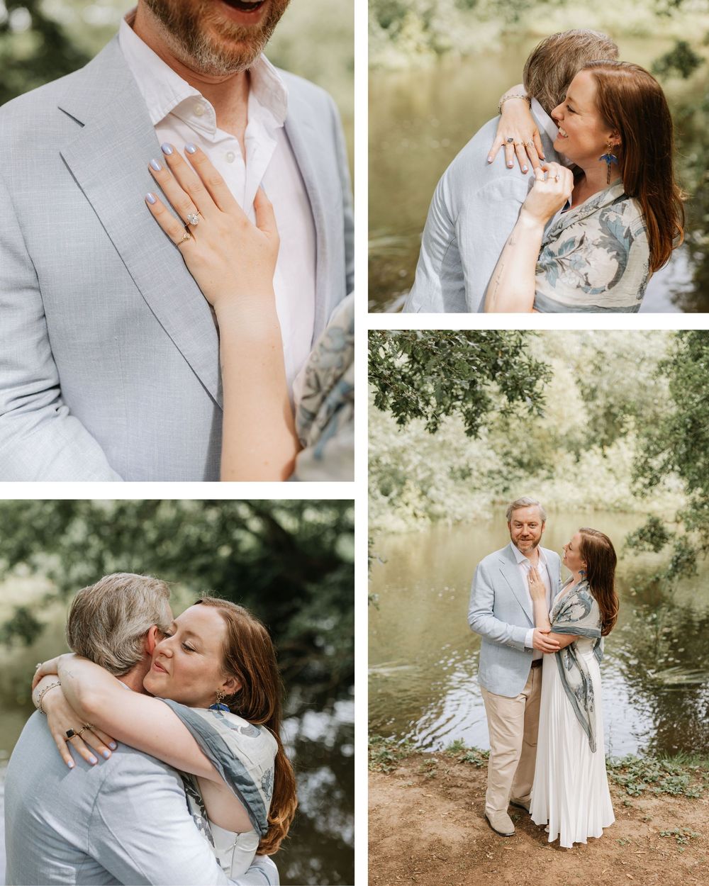 Romantic couple embracing and kissing outdoors near lake, woman showing engagement ring on hand.