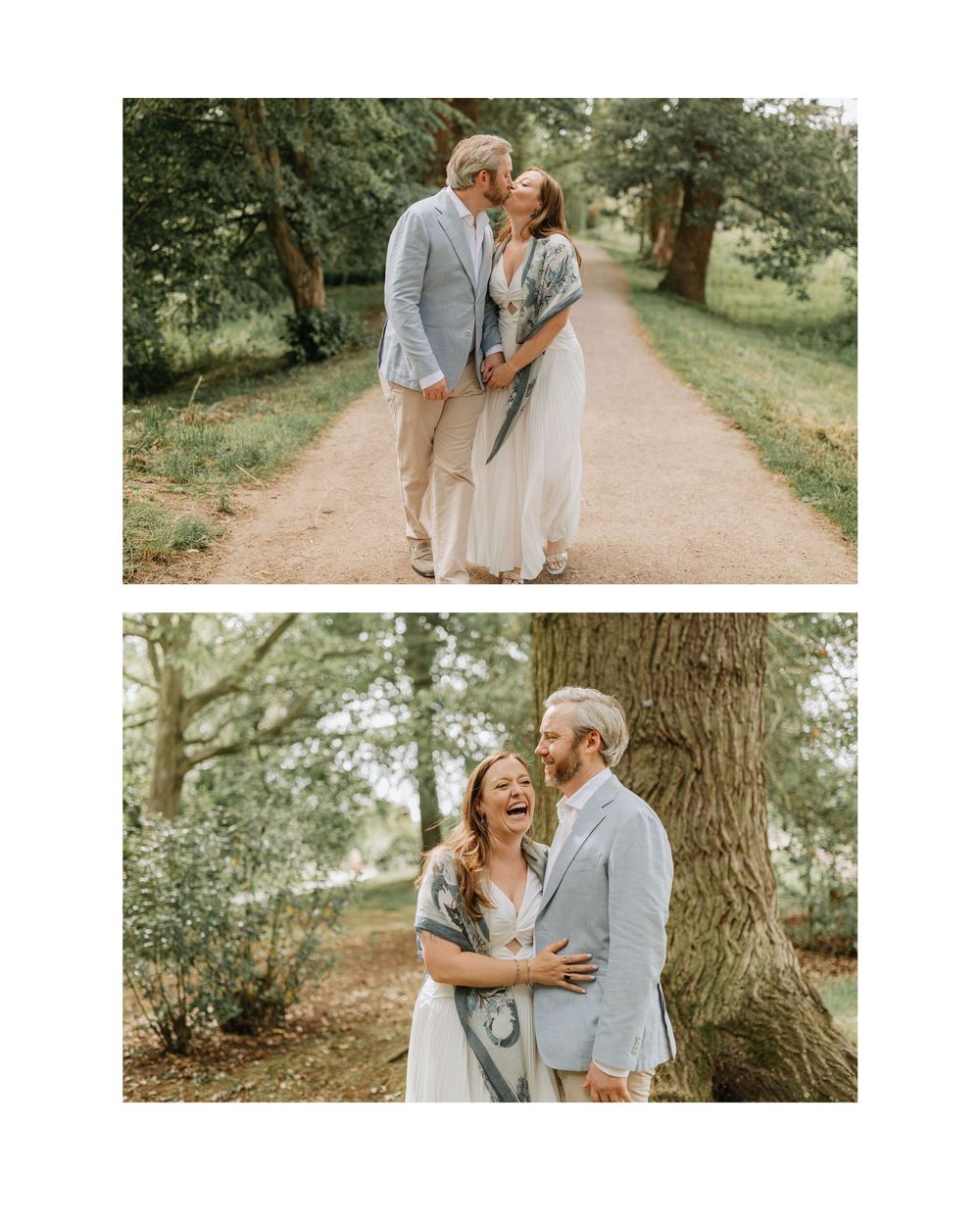 A romantic couple shares a kiss and laughs together on a wooded path, dressed in elegant wedding attire.