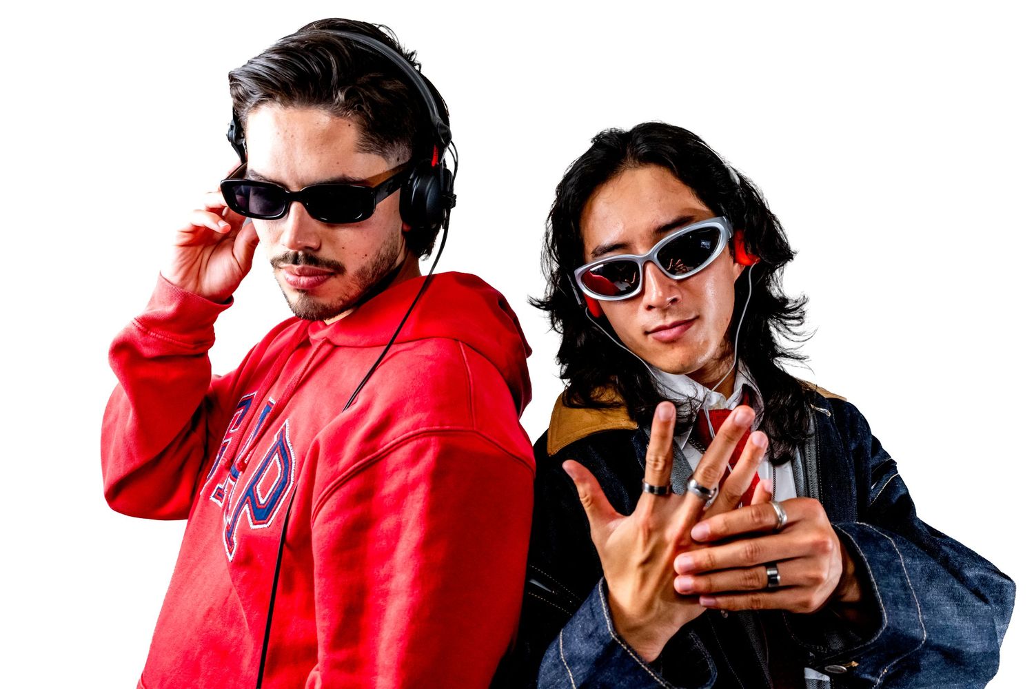 Dj Ario and Dj Can Nguyen wear sunglasses and headphones and pose together for a studio photo with a white background. Taken for ATAP