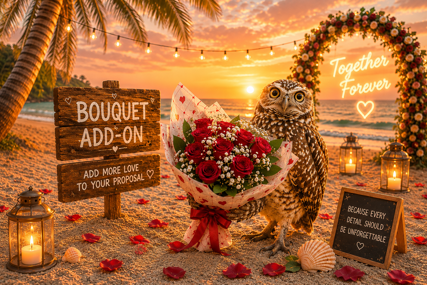 Romantic beach sunset scene with an owl holding a red rose bouquet near a bouquet add-on sign and Together Forever neon sign.