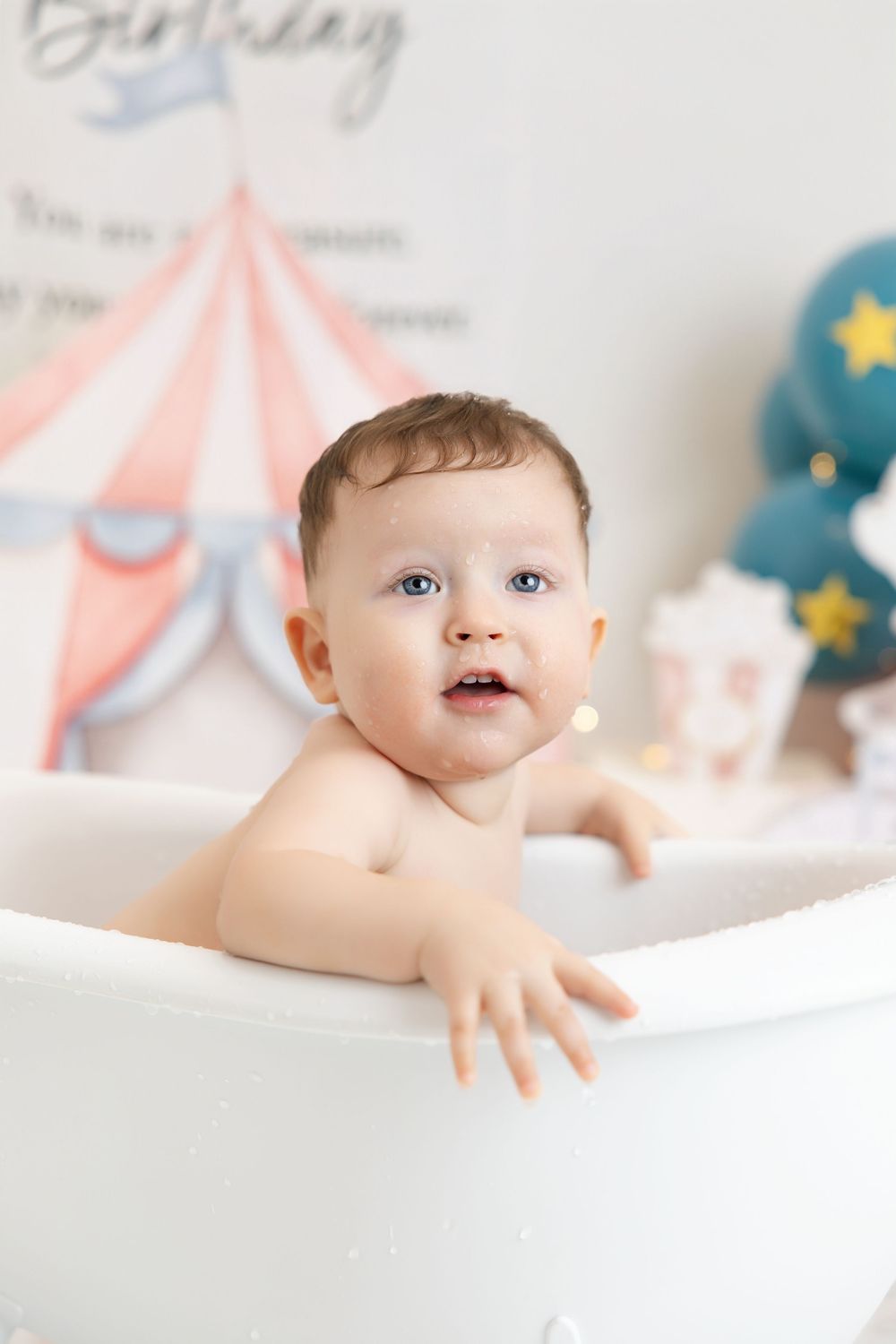 Baby boy circus themed bath splash moment photography Nashville