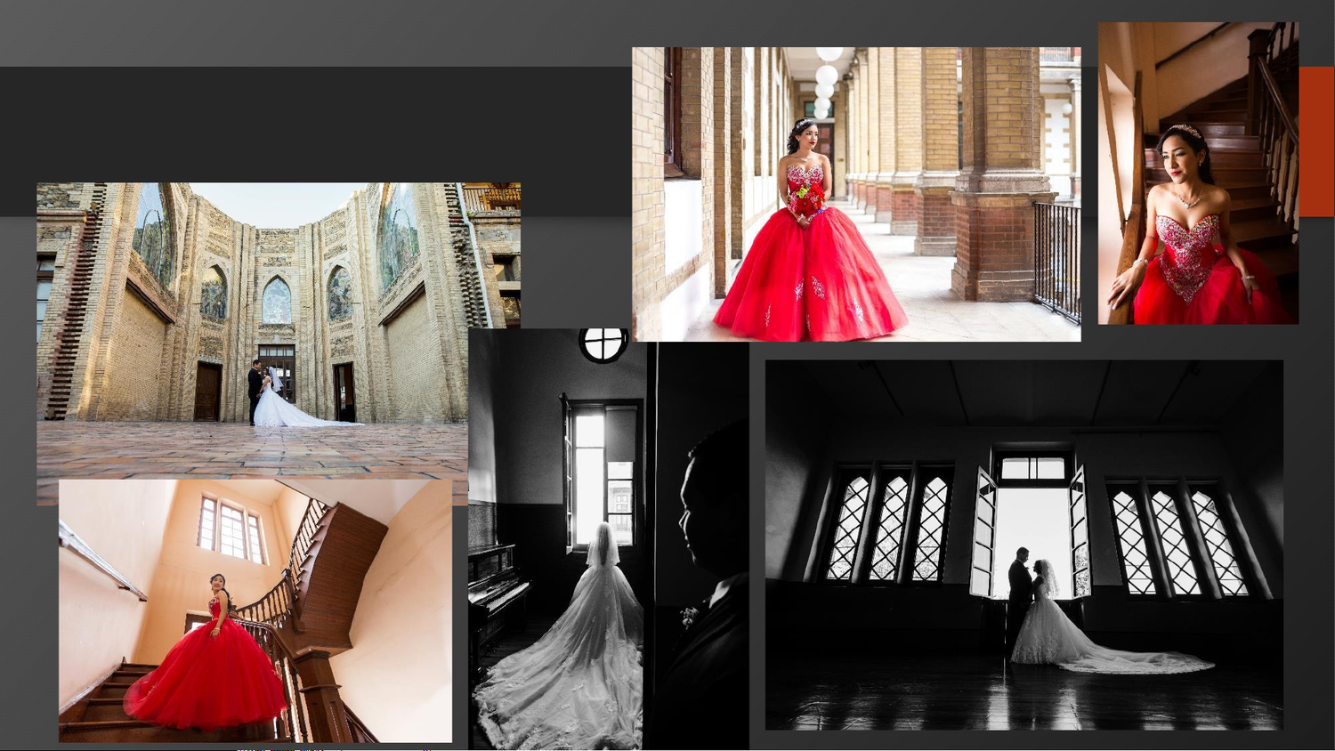 Bride in red ballgown poses in elegant architectural venues, showcasing stunning wedding photography in black and white and color.